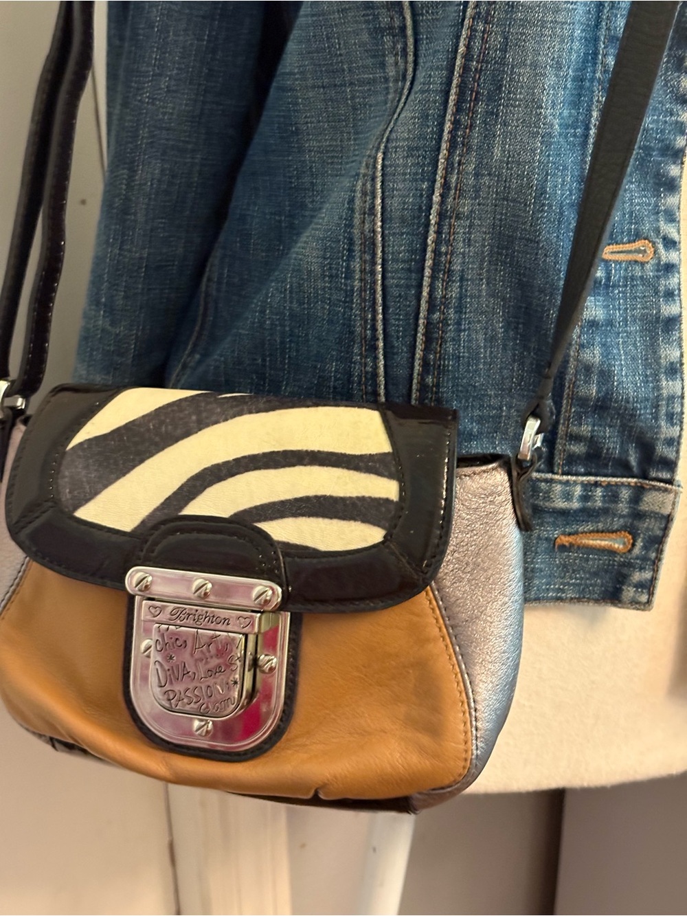 Brighton Zebra-Accent Leather Crossbody in Black, Tan & Cream - Picture 2 of 13